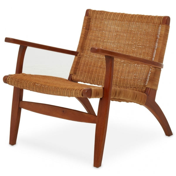 Brown Natural Rattan And Mahogany Wood Reclined Armchair