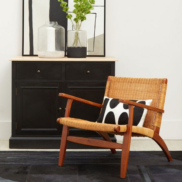 Brown Natural Rattan And Mahogany Wood Reclined Armchair