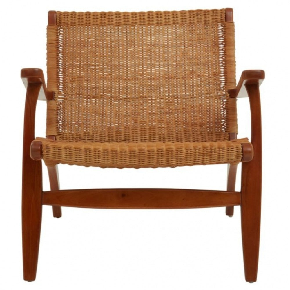 Brown Natural Rattan And Mahogany Wood Reclined Armchair