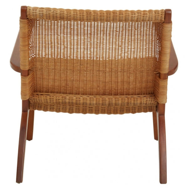 Brown Natural Rattan And Mahogany Wood Reclined Armchair