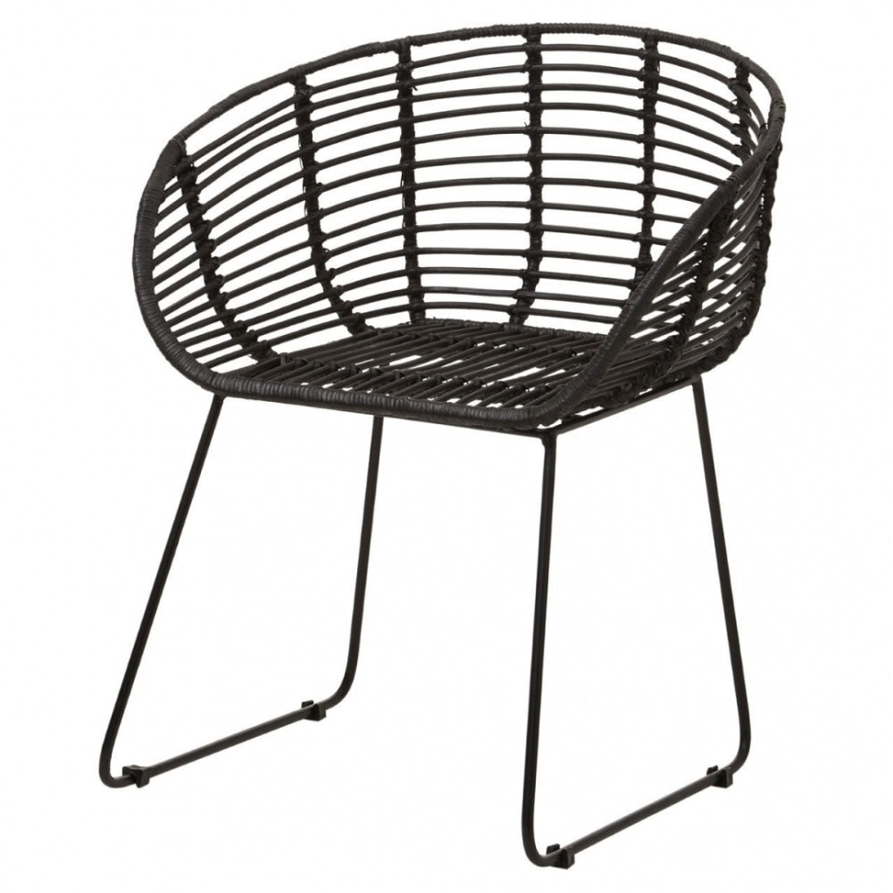 Black Natural Rattan Rounded Armchair With Black Metal Legs