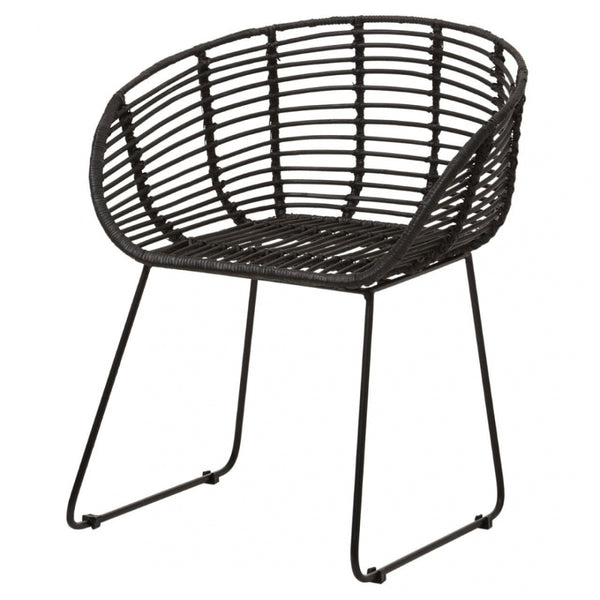 Black Natural Rattan Rounded Armchair With Black Metal Legs