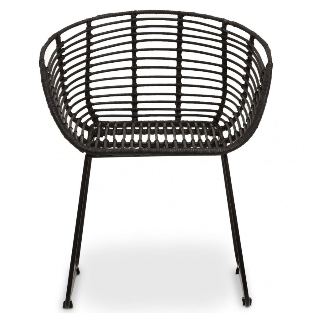 Black Natural Rattan Rounded Armchair With Black Metal Legs