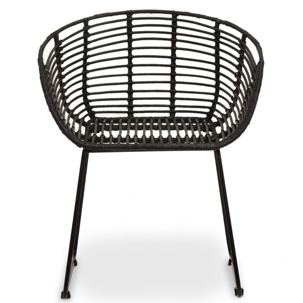 Black Natural Rattan Rounded Armchair With Black Metal Legs