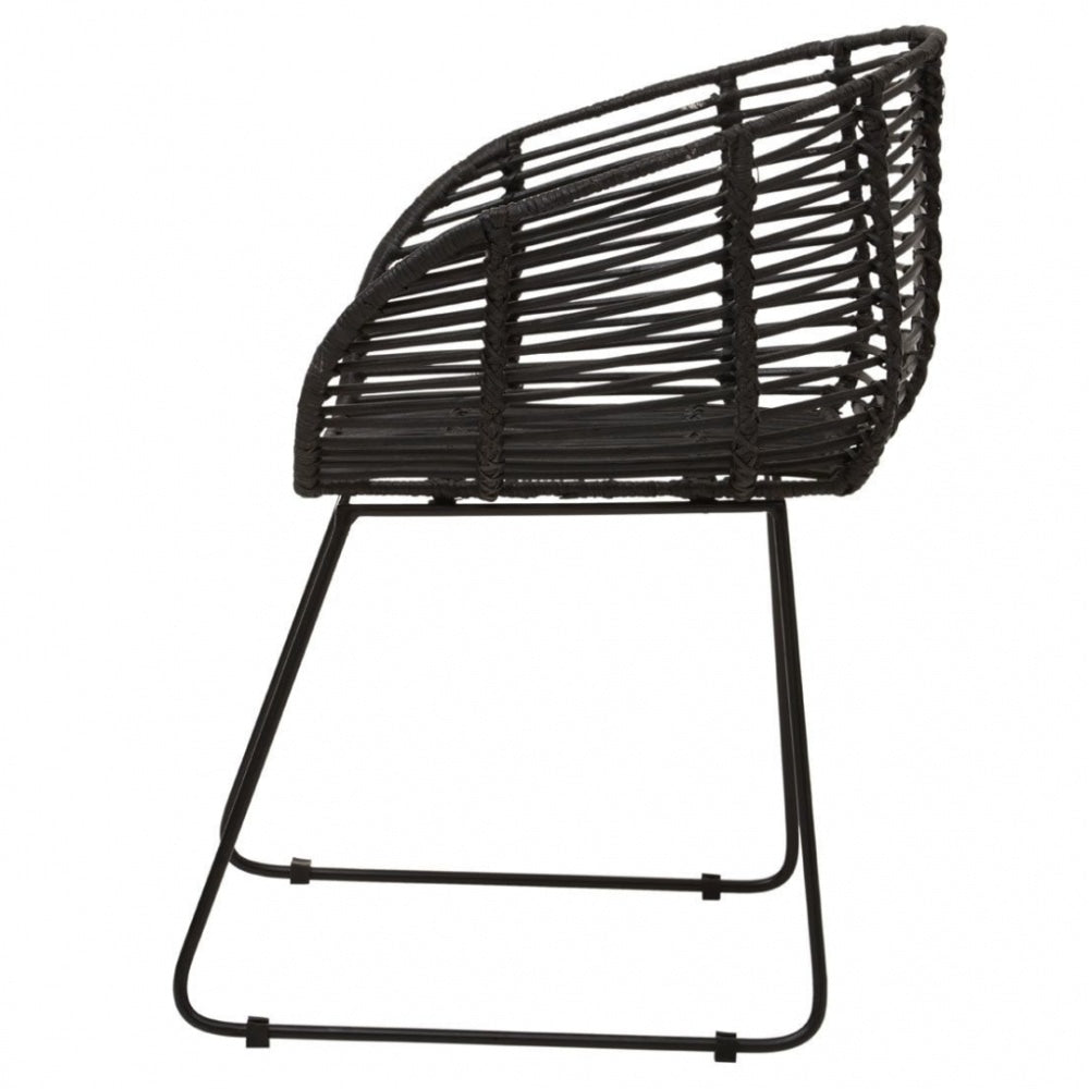 Black Natural Rattan Rounded Armchair With Black Metal Legs