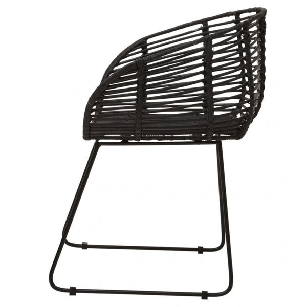 Black Natural Rattan Rounded Armchair With Black Metal Legs