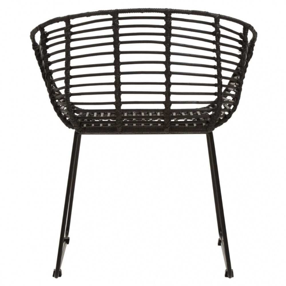 Black Natural Rattan Rounded Armchair With Black Metal Legs