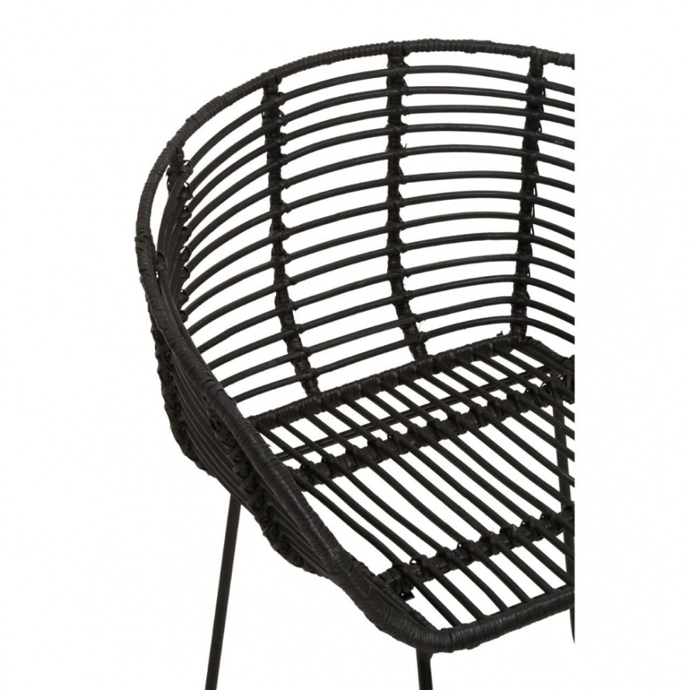 Black Natural Rattan Rounded Armchair With Black Metal Legs