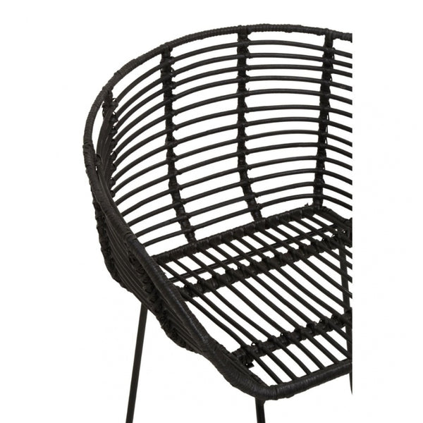 Black Natural Rattan Rounded Armchair With Black Metal Legs