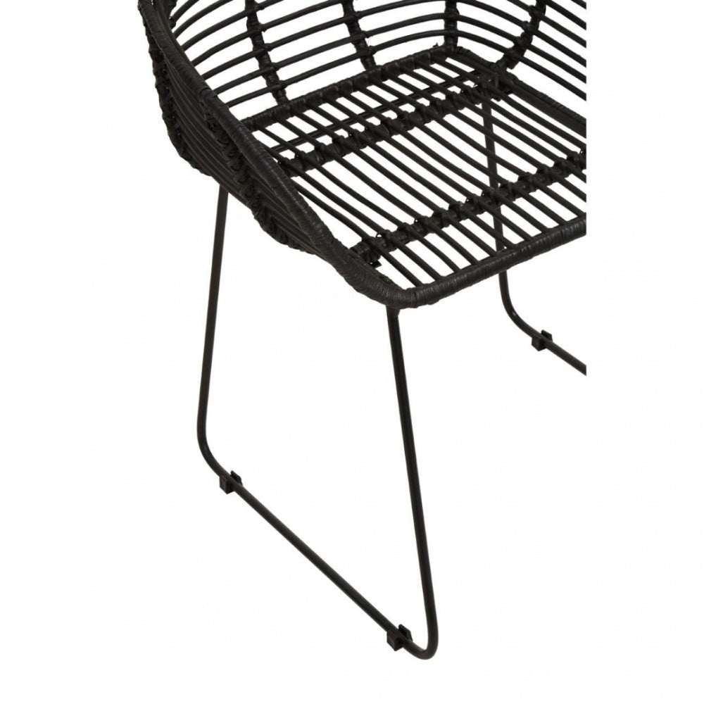 Black Natural Rattan Rounded Armchair With Black Metal Legs