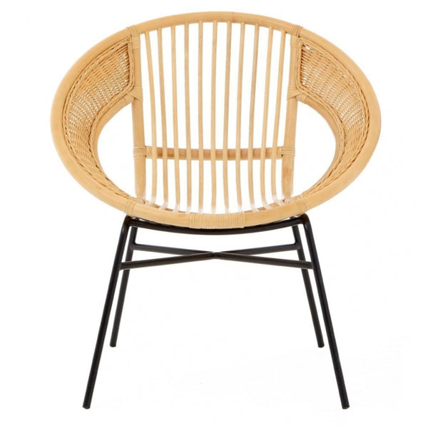 Natural Rattan Round Armchair With Black Iron Legs