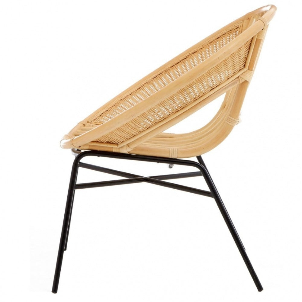 Natural Rattan Round Armchair With Black Iron Legs