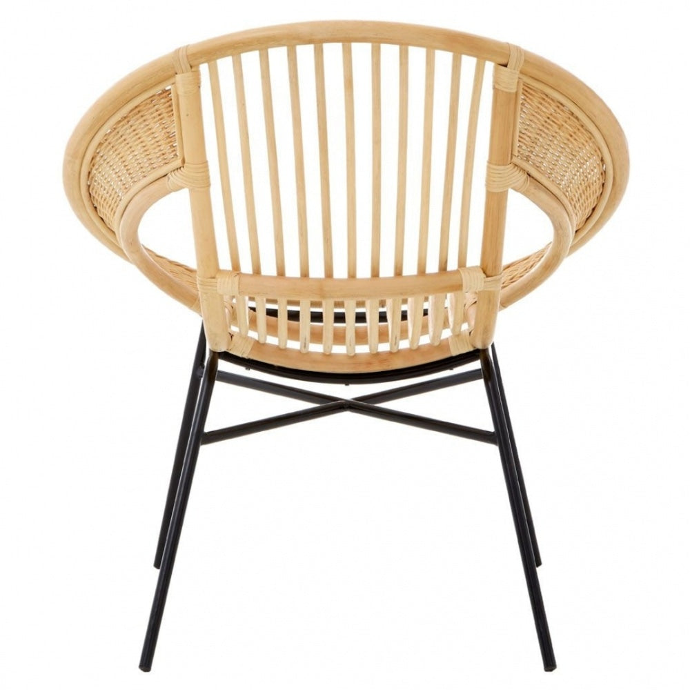 Natural Rattan Round Armchair With Black Iron Legs