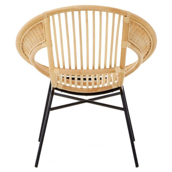 Natural Rattan Round Armchair With Black Iron Legs