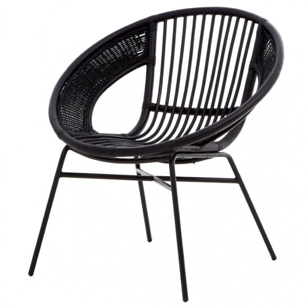 Black Natural Rattan Round Armchair With Black Iron Legs
