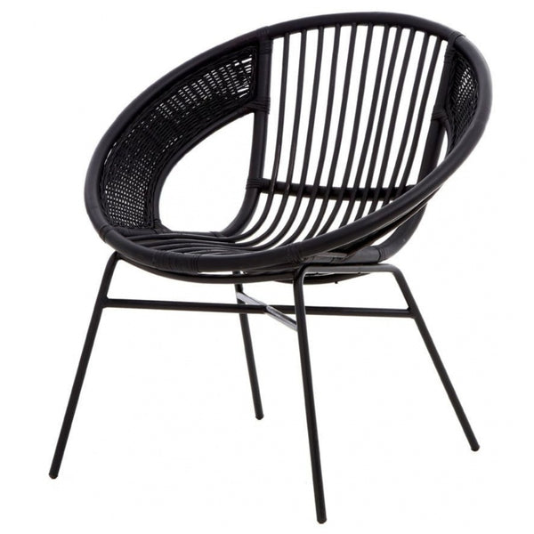 Black Natural Rattan Round Armchair With Black Iron Legs