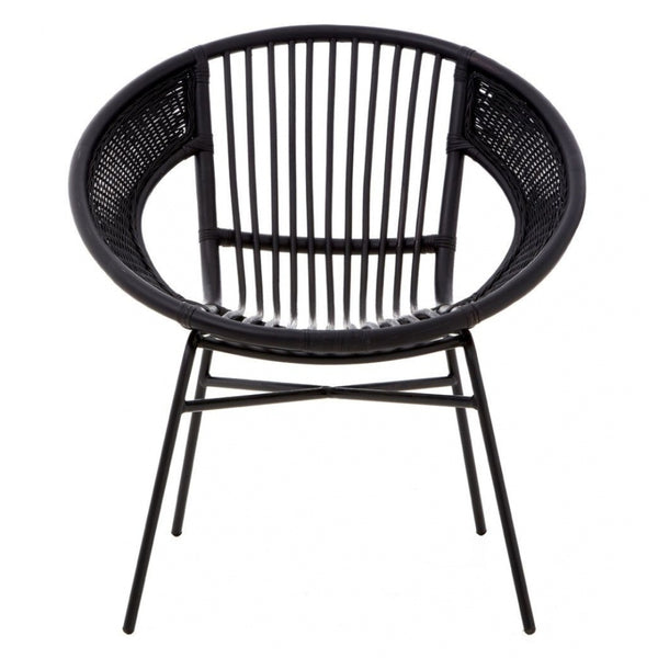 Black Natural Rattan Round Armchair With Black Iron Legs
