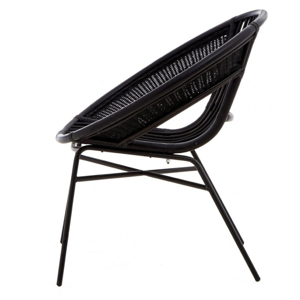 Black Natural Rattan Round Armchair With Black Iron Legs
