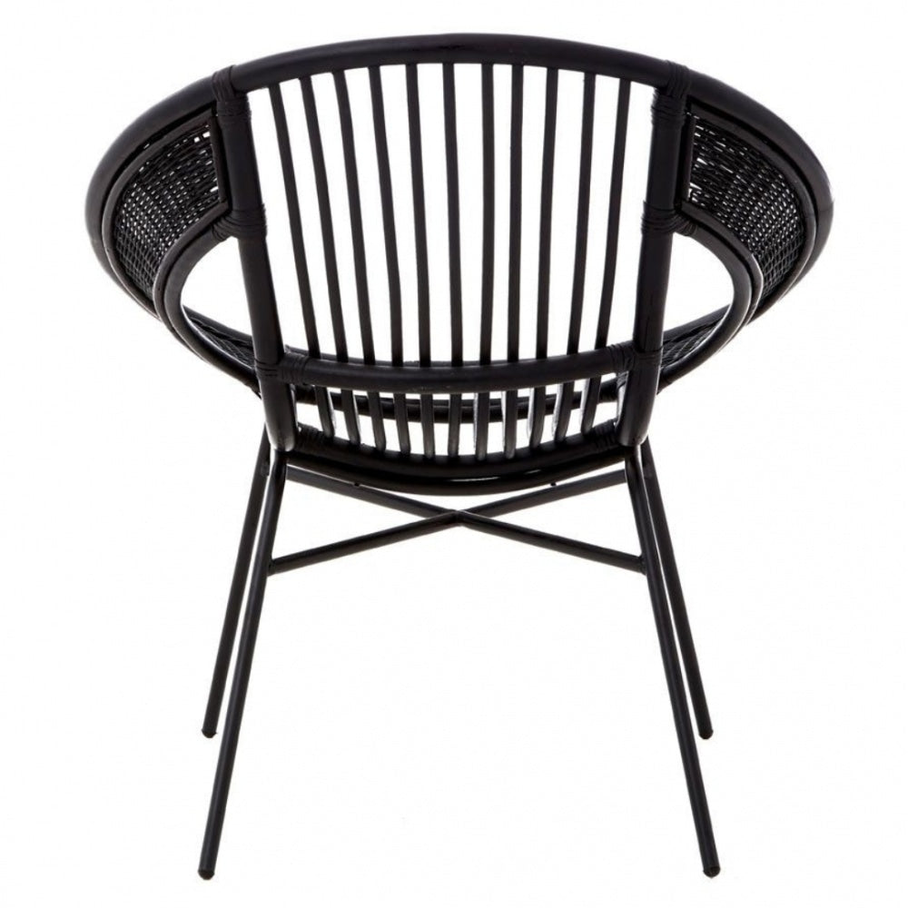 Black Natural Rattan Round Armchair With Black Iron Legs
