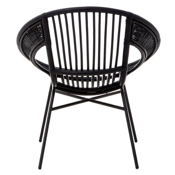 Black Natural Rattan Round Armchair With Black Iron Legs
