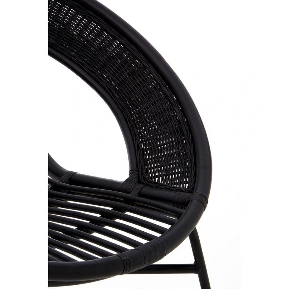 Black Natural Rattan Round Armchair With Black Iron Legs