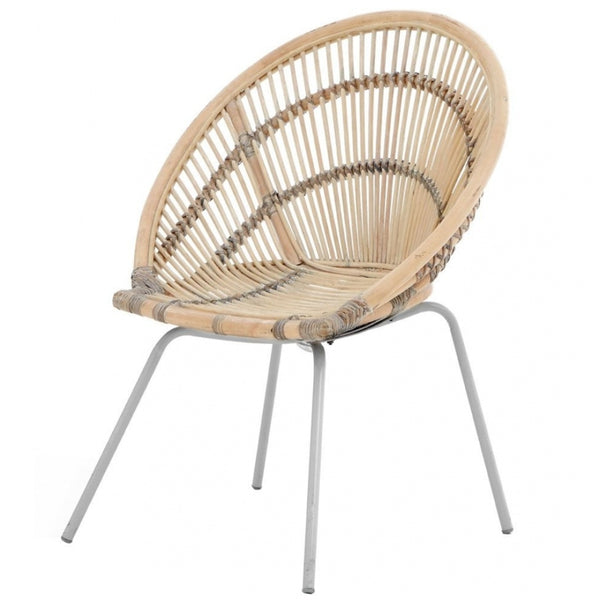 White Wash Natural Rattan Round Armchair With Grey Metal Legs