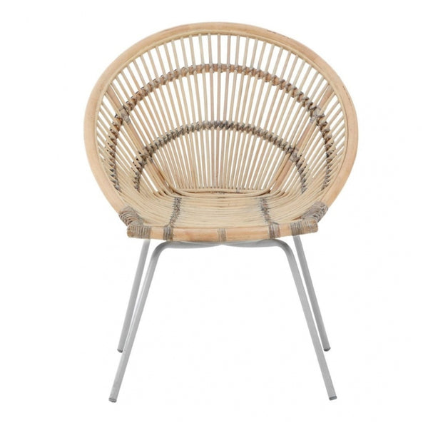 White Wash Natural Rattan Round Armchair With Grey Metal Legs
