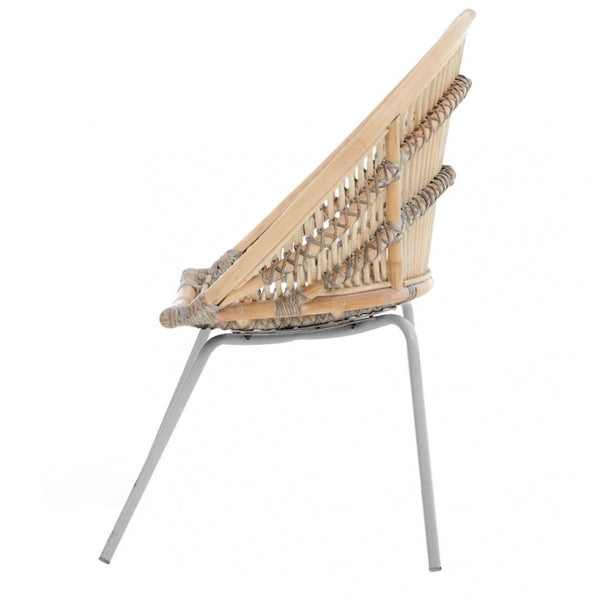 White Wash Natural Rattan Round Armchair With Grey Metal Legs