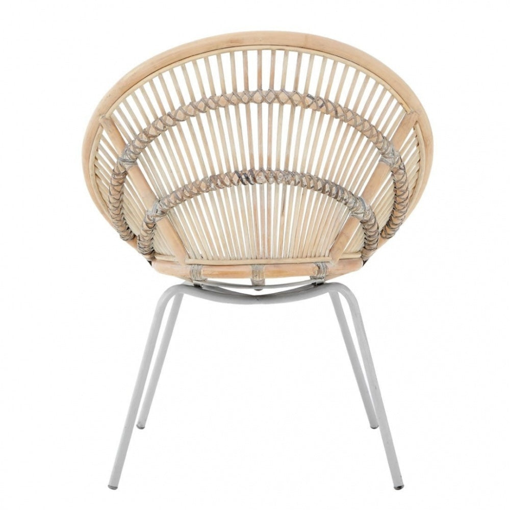White Wash Natural Rattan Round Armchair With Grey Metal Legs
