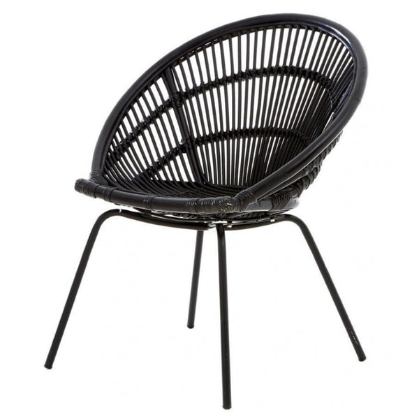 Black Natural Rattan Round Armchair With Black Metal Legs