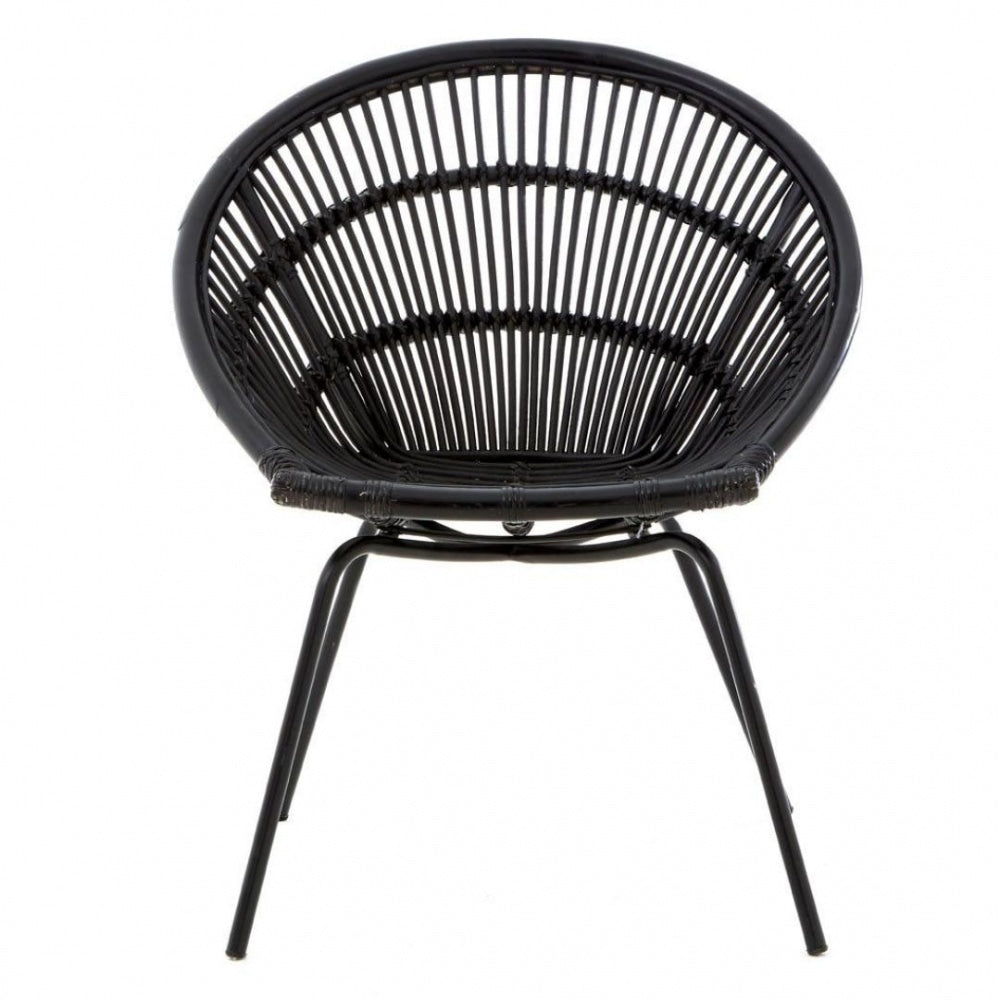 Black Natural Rattan Round Armchair With Black Metal Legs