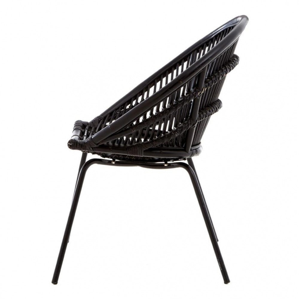 Black Natural Rattan Round Armchair With Black Metal Legs