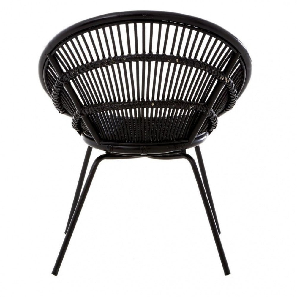 Black Natural Rattan Round Armchair With Black Metal Legs