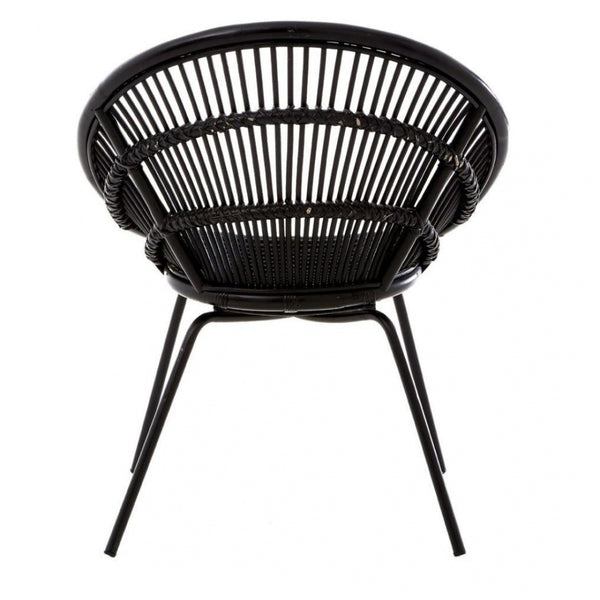 Black Natural Rattan Round Armchair With Black Metal Legs