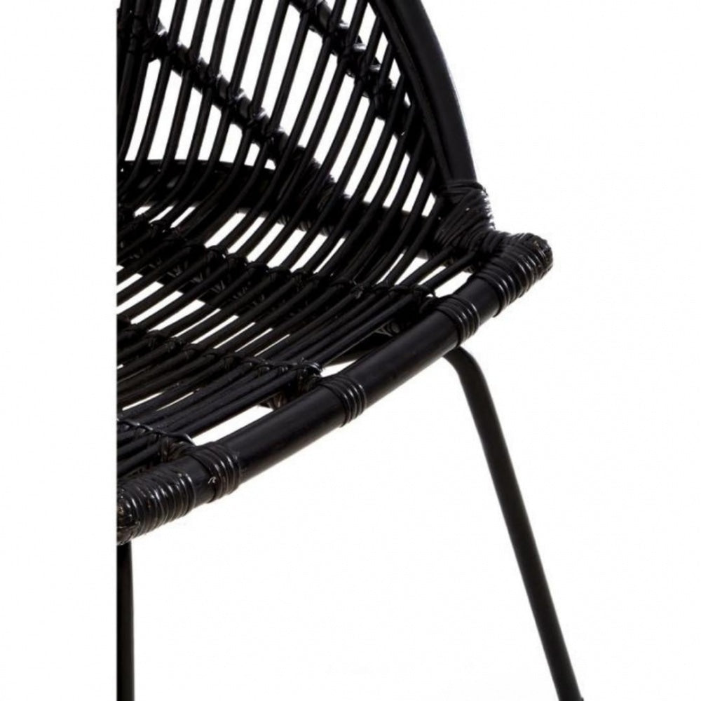 Black Natural Rattan Round Armchair With Black Metal Legs