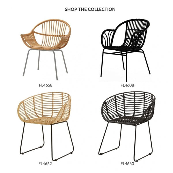 Black Natural Rattan Rounded Armchair With Black Metal Legs