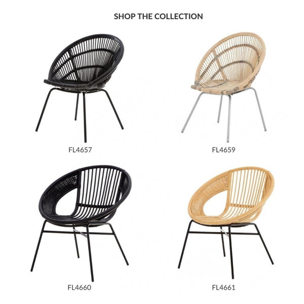 White Wash Natural Rattan Round Armchair With Grey Metal Legs