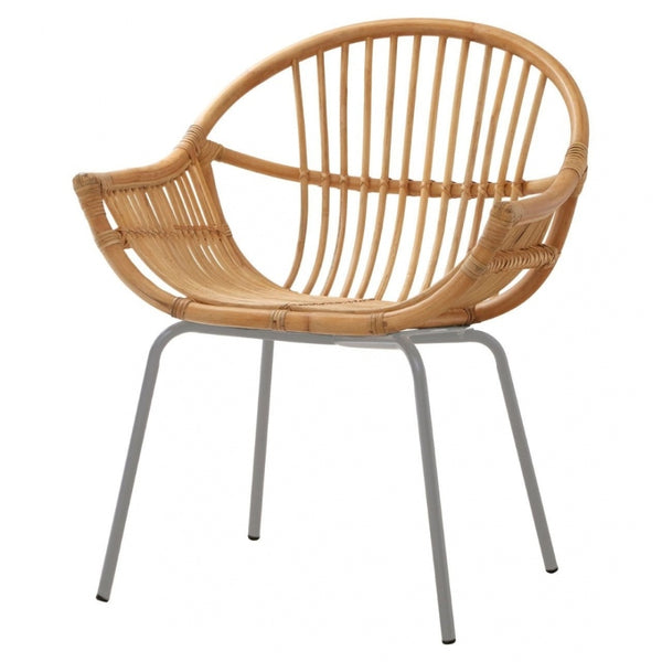 Natural Rattan Round Armchair With Grey Metal Legs