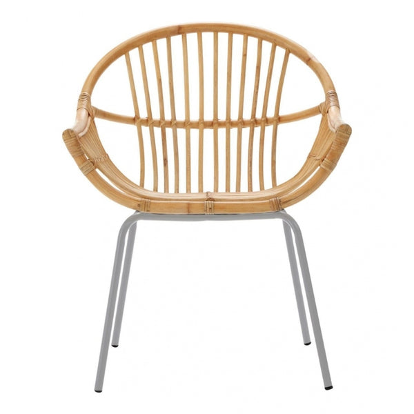Natural Rattan Round Armchair With Grey Metal Legs