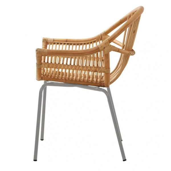 Natural Rattan Round Armchair With Grey Metal Legs