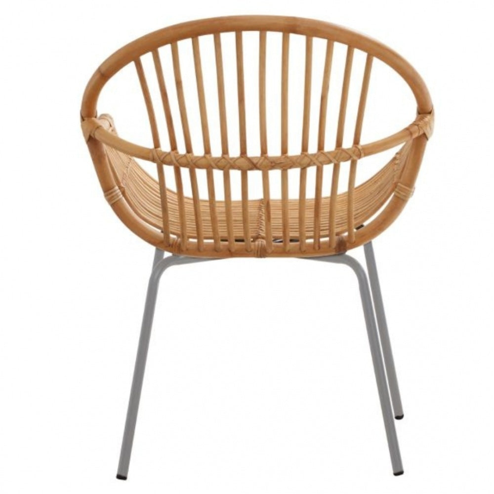 Natural Rattan Round Armchair With Grey Metal Legs
