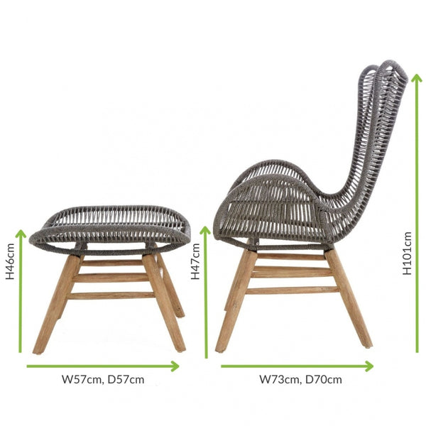 Grey Natural Rope Lounge Chair And Footstool Set With Light Wood Legs