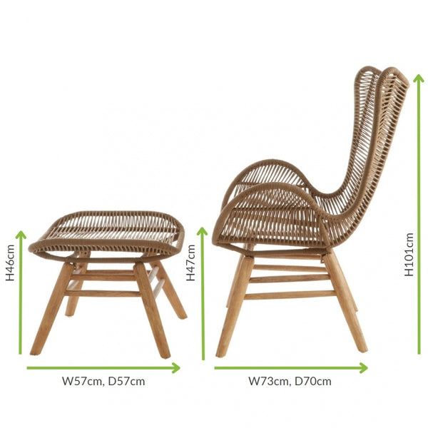 Brown Natural Rope Lounge Chair And Footstool Set With Light Wood Legs
