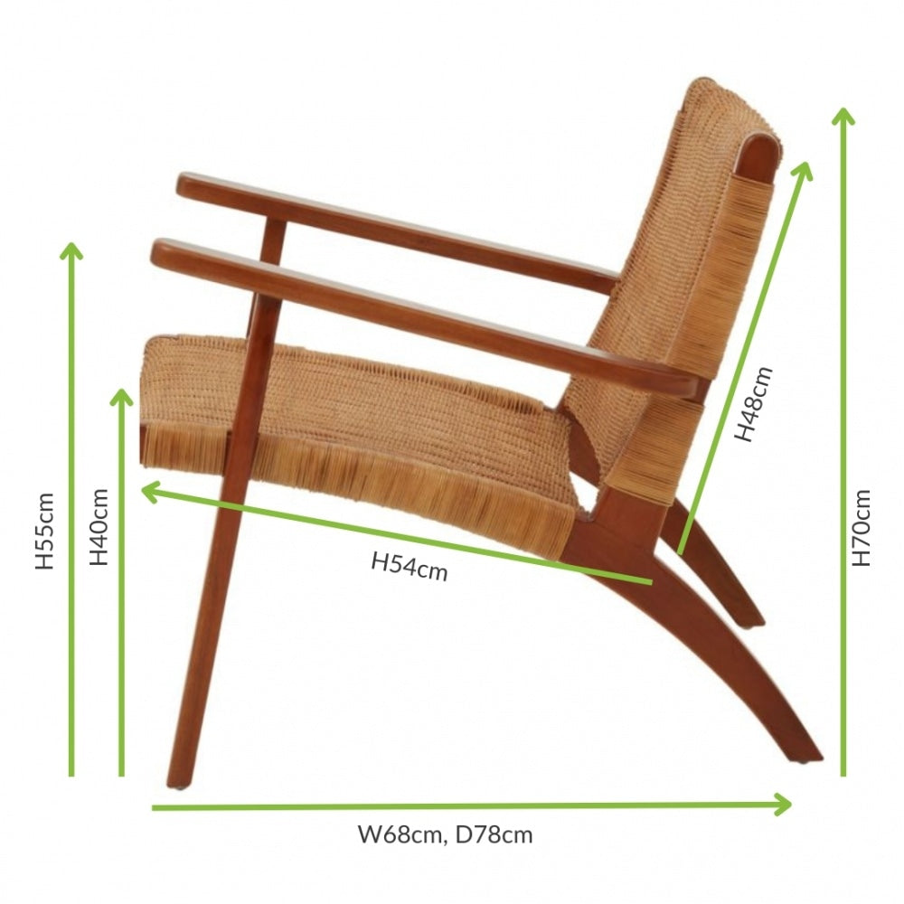 Brown Natural Rattan And Mahogany Wood Reclined Armchair