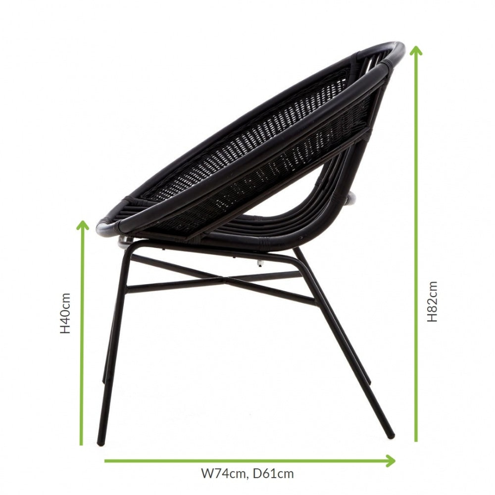 Black Natural Rattan Round Armchair With Black Iron Legs