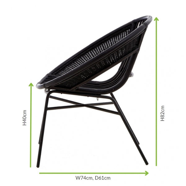 Black Natural Rattan Round Armchair With Black Iron Legs