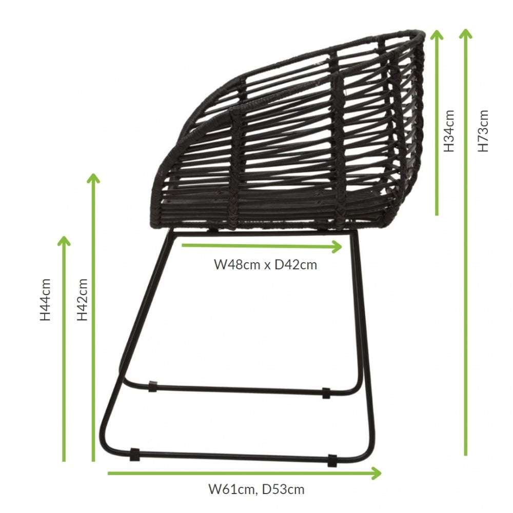 Black Natural Rattan Rounded Armchair With Black Metal Legs