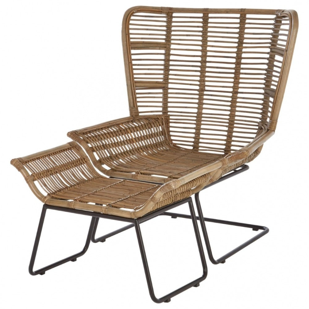 Grey Wash Natural Rattan Lounge Chair And Footstool Set With Black Iron Legs