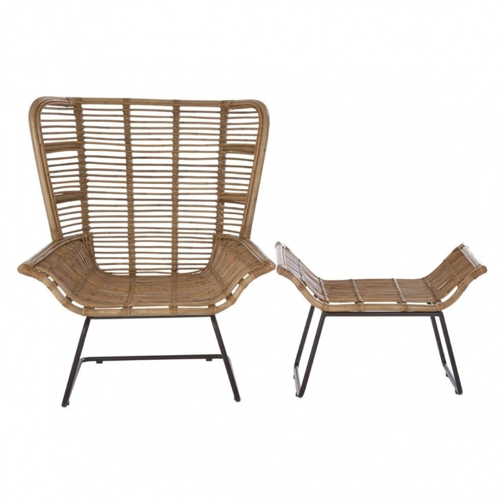 Grey Wash Natural Rattan Lounge Chair And Footstool Set With Black Iron Legs