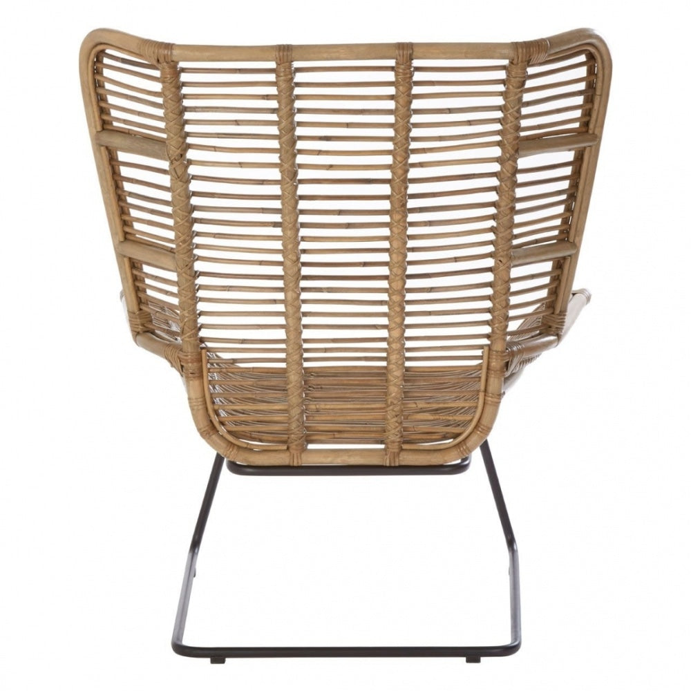 Grey Wash Natural Rattan Lounge Chair And Footstool Set With Black Iron Legs